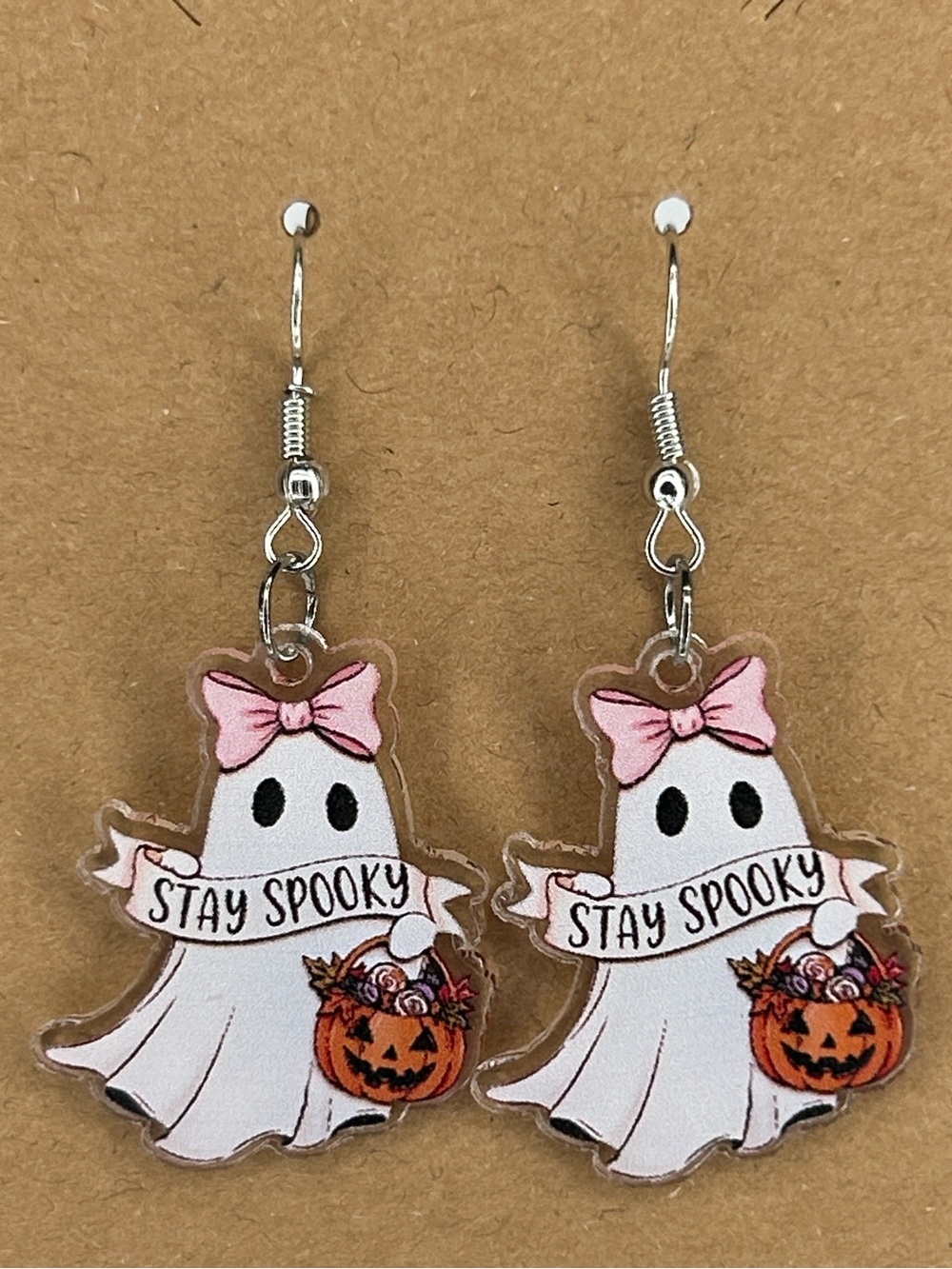Stay Spooky Ghost Halloween Earrings with Pink Bows Fashion Jewelry - Picture 1 of 4